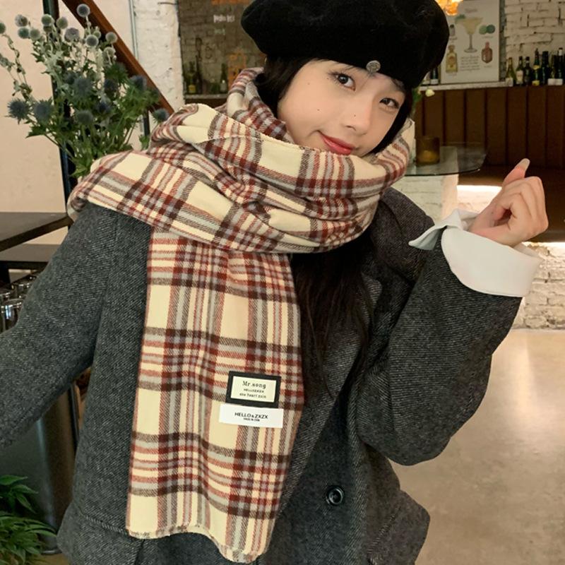 Korean Version Ins Soft Waxy Imitation Cashmere Green Plaid Scarf for Women Winter Color Matching Versatile Warm Student Knitted Scarf