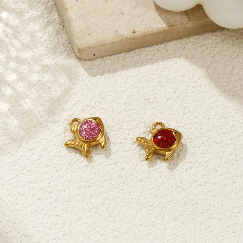 1PC 304 Stainless Steel Ocean Fish Jewelry Charms 18K Gold Plated Enamel Goldfish Glitter Pendant For DIY Neckalce 15.5mm X 15mm