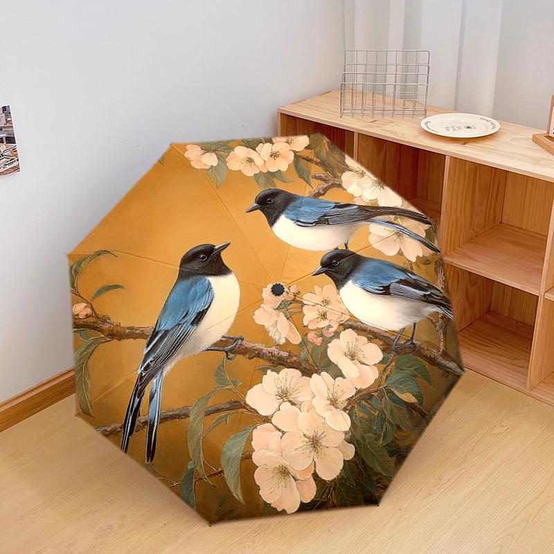 1 Stück Automatischer Faltregenschirm - Muster mit Vögeln auf Ästen, Tragbares & Faltbares Design mit 8 Speichen, Weihnachts-Geburtstagsgeschenke