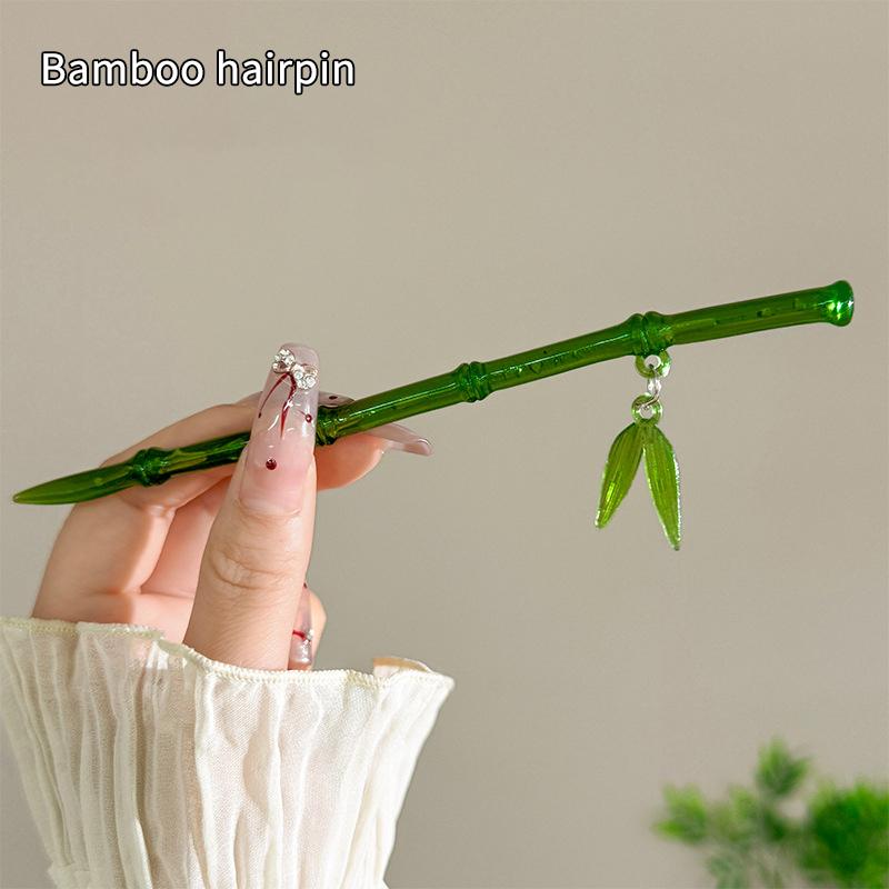2024 New Chinese Style Green Plastic Bamboo Leaf Hair Stick For Women Girls Vintage Acrylic Chopstick Hairpin Hair Accessories