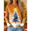 Women's Vintage Christmas Tree Print Long Sleeve T-shirt, Holiday Gift Crew Neck, Festive Party Top