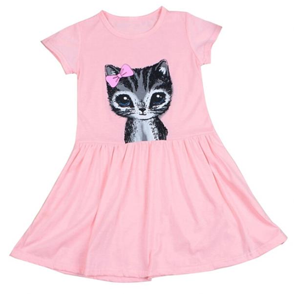 Lemoiitea Vestito estivo per ragazze, elegante, con scollo rotondo, con stampa di cartoni animati, casual, con maniche volanti, lunghezza al ginocchio, per bambini dai 4 ai 13 anni, rosa, 9 anni
