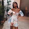 Women's Off Shoulder Printed Mini Dress Puff Sleeves V Neck Elastic Waist Summer Vacation Dress