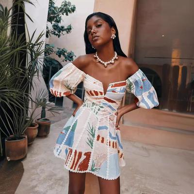 Women's Off Shoulder Printed Mini Dress Puff Sleeves V Neck Elastic Waist Summer Vacation Dress
