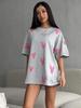 Maglietta casual da donna con scollo a V e stampa a cuore, estiva, a maniche corte, in cotone, da donna, basic, magliette, abbigliamento da donna