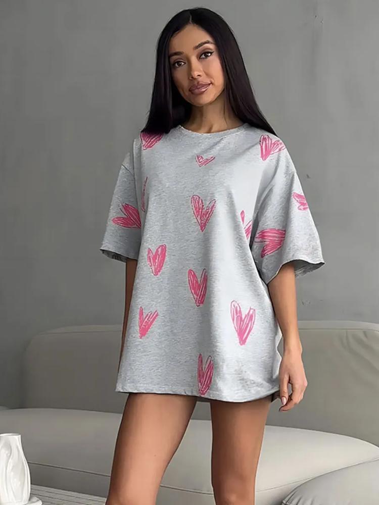 Maglietta casual da donna con scollo a V e stampa a cuore, estiva, a maniche corte, in cotone, da donna, basic, magliette, abbigliamento da donna