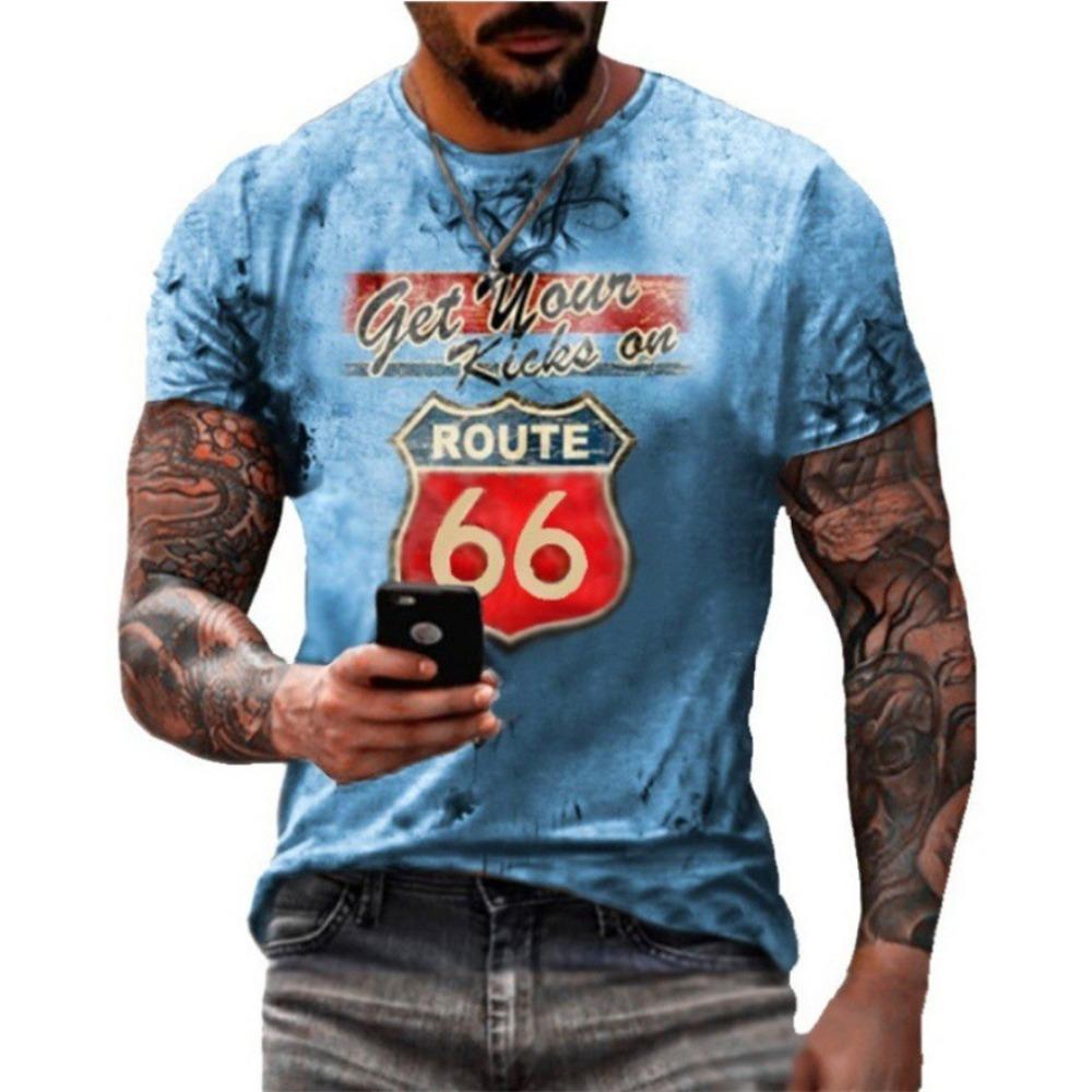 

European and American New Summer Men s Casual Fashion Short Sleeved Top Printed Retro Personality T-shirt S небесно-голубой