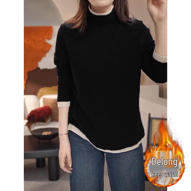 

Slimming High Neck Plush Two-Piece Long Sleeve Women s Color Block Base Layer Shirt for Autumn/Winter S чёрный