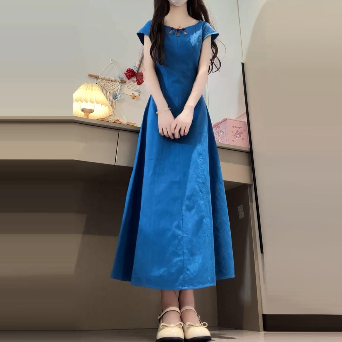 Women s Elegant French Blue Sleeveless A-Line Summer Dress Large синий