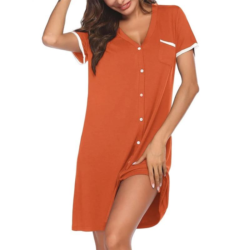 For Women V-neck Short-sleeved Contrasting Color Home Wear Simple Women Short Nightgown Summer Mid-length Dress with Pockets