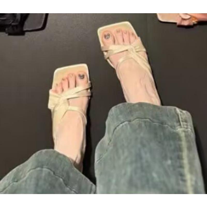 

Модные туфли на высоком каблуке Удобные Новые Летние Однотонные Кожаные Шлепанцы Женская Обувь Женская Обувь Женская Мода Крутые Мюли Слайды Вьетнамки 40