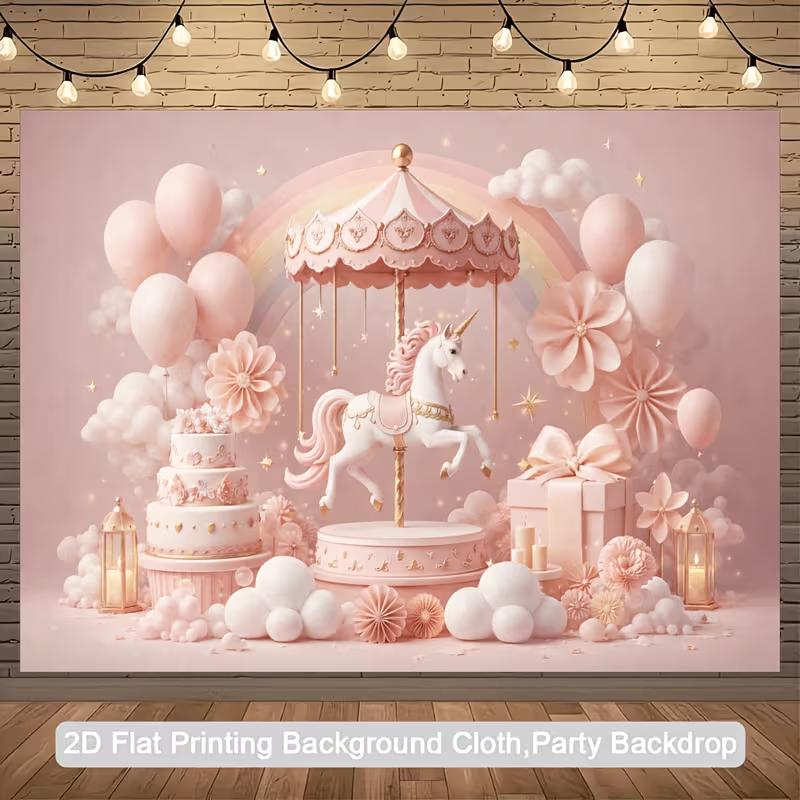 2D Dreamy Pastel Unicorn Backdrop with Rainbow & Clouds Party Photo Booth Background