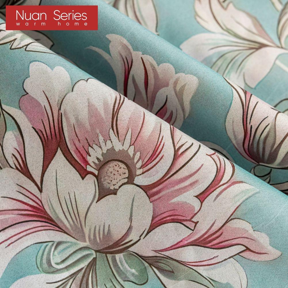 1PC Nuan Series American Countryside Style Peony Printed Blue Curtain Full Blackout Curtains for Bedroom Living Room Balcony Window for Home Decor