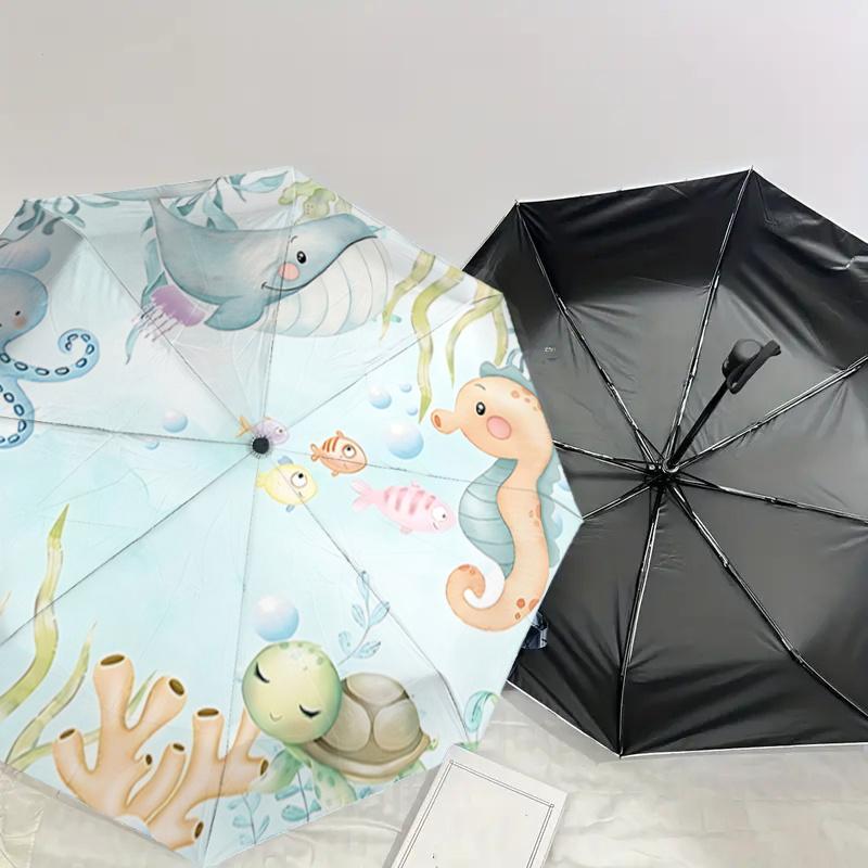 Underwater Friends Automatic Opening/Closing Umbrella - Portable Tri-Fold Design with 8-Bone Iron Frame, Perfect for Outdoor Use, Festive Gi