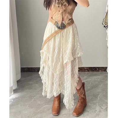 Saia assimétrica de renda fairycore feminina vintage y2k boho estética moda cintura alta saias médias femininas roupas de férias