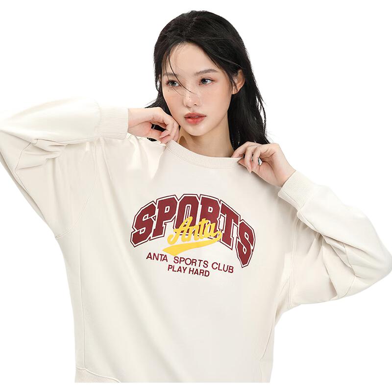 Anta Lifestyle Series Letter Round Neck Pullover Sweatshirt Women sweatshirt Stone-White 162338707-1