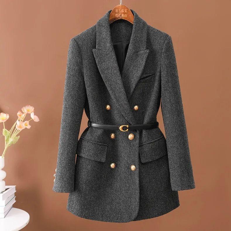 

Autumn and Winter High-end Long Sleeved Suit Jacket Woolen Double Row Temperament Fashionable Suit Mid Length Outer XS серый