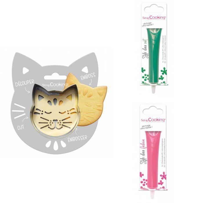 Kit pour biscuit en relief Chat + 2 Stylos au chocolat vert et fuchsia