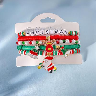 Santa Claus Polymer Clay European & American Bracelet Set with Beaded Letter Charms - Versatile Christmas Combination