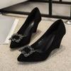 Fashion 35-43 Fashion Wedges Shoes Women Black Sexy High Heels Pointed Toe Square Buckle Rhinestone Career Work Shoes Tacones Mujer