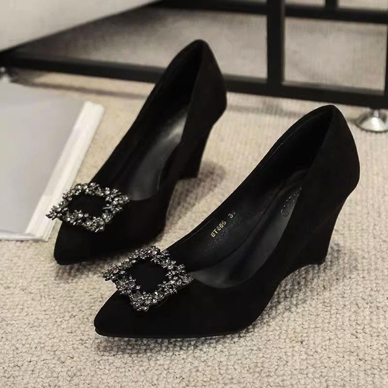 Fashion 35-43 Fashion Wedges Shoes Women Black Sexy High Heels Pointed Toe Square Buckle Rhinestone Career Work Shoes Tacones Mujer