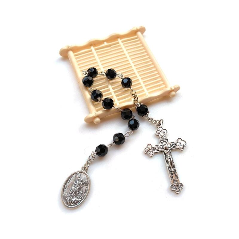 Black Crystal Rosary Bracelet with Crucifix Charm for Men and Women Spiritual Fashion Symbol of Faith Strength