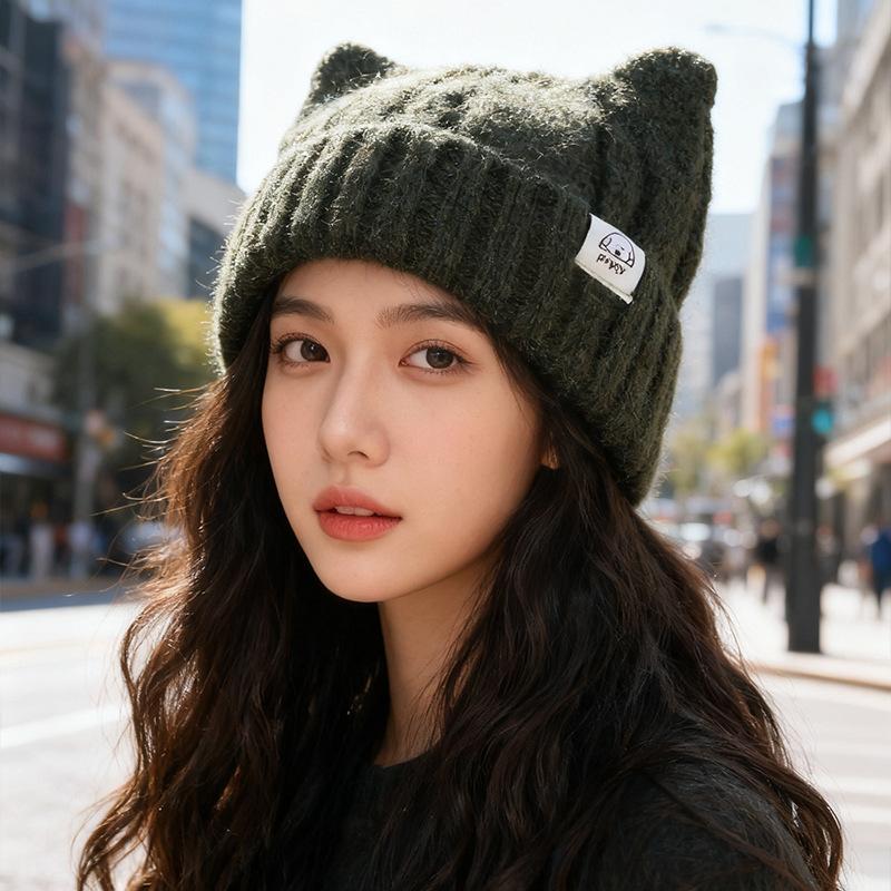 Korean Style Cat Ear Woolen Hat for Women Winter New Warm Ear Protection Knitted Hat Showing Face Little Cute Pullover Hat
