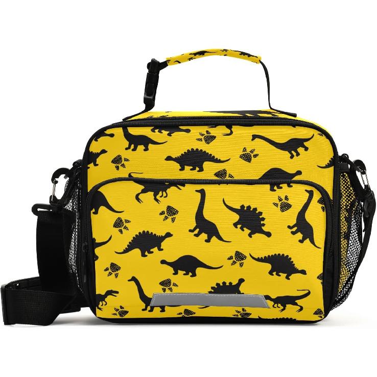 Dinosaur Animal Print Yellow Lunch Box Boys, Lunch Bag for Kids School Insulated Tote Bag Cooler Tote with Adjustable Shoulder Strap for Girls