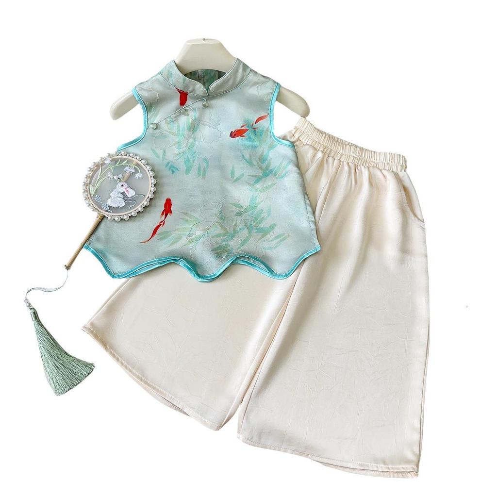Girls' Summer Hanfu Two-Piece Set: Vest and Long Pants
