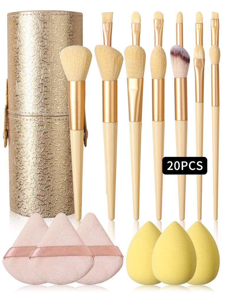 1/3/13/20 Professional Makeup Brush Set,including 13 Brushes,3 Makeup Sponge Eggs,3 Triangular Powder Puffs and 1 Storage Bucket