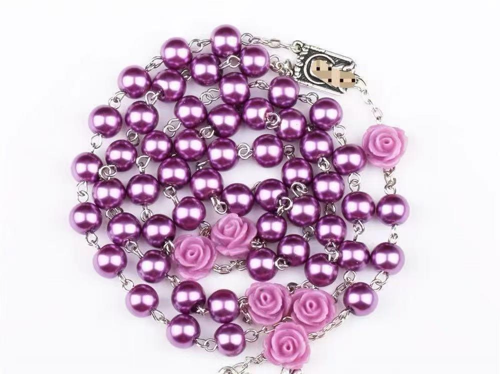 Rose Pearl Cross Pendant Rosary Necklace  Bracelet Set