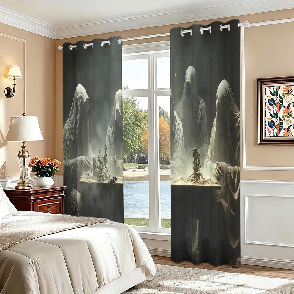 2Pcs Perforated Blackout Curtain Light Block Privacy Drape Living Bedroom Halloween Hooded Ghost Horror Window Decor