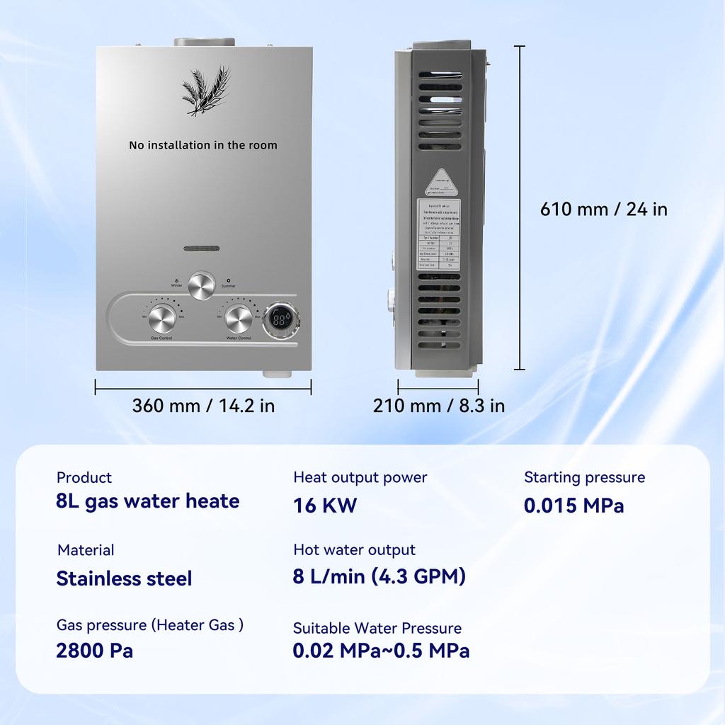 SIHAO Easy Install LPG Propane Gas Water Heater,8L Wall-mounted Tankless Boiler with LED Temp Display