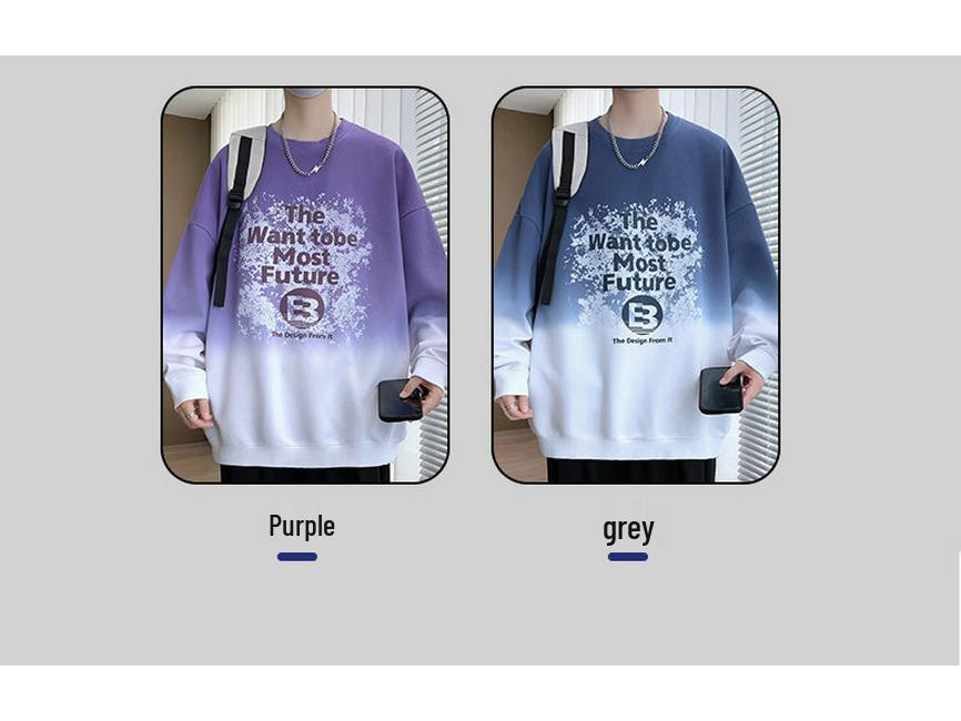 Youth Gradient Round Neck Hoodie - Trendy Hong Kong Style for Junior High Students, Autumn/Winter, 65% Cotton.