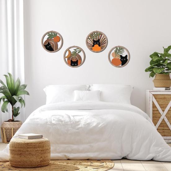 4 Pcs Wooden Round Boho Wall Art Bohemian Hollow Out Circle Wall Decor Neutral Minimalist Farmhouse Wall Hanging Sign for Bedroom Patio Balcony