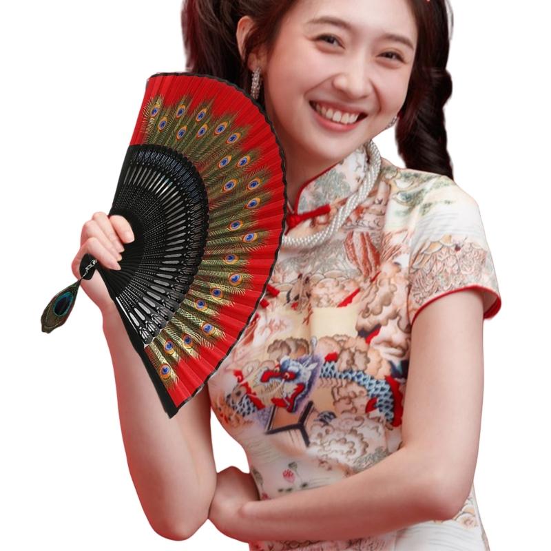 Vintage Feathered Pattern Handheld Fan Wood Folding Fan Vintage Folding Hand Fan for Women Weddings and Dance Parties