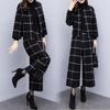 Autumn Winter Korean Two Piece Pants Checkered Woolen Short Coat Wide Leg Pants Casual Fashion Set Women's