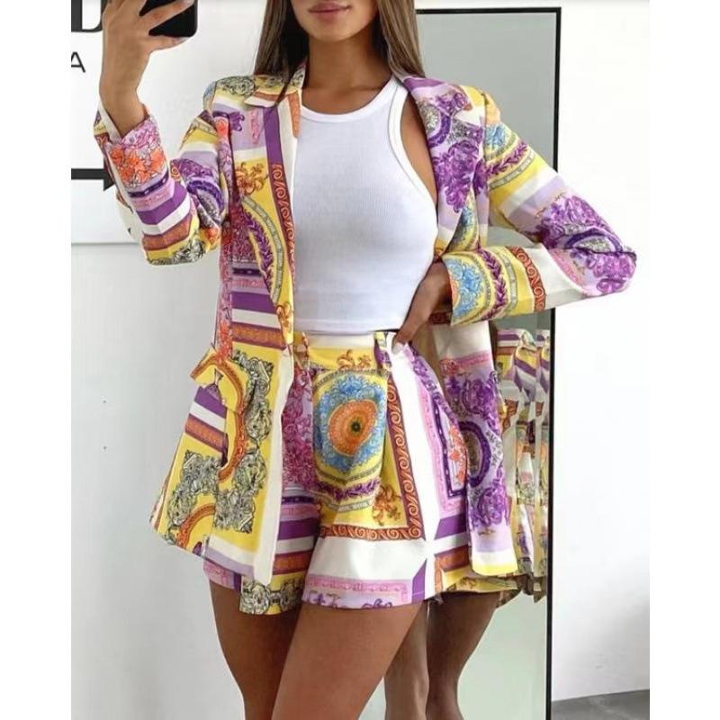 European Style Fashion Slim Fit Print Women Blazer L фиолетовый