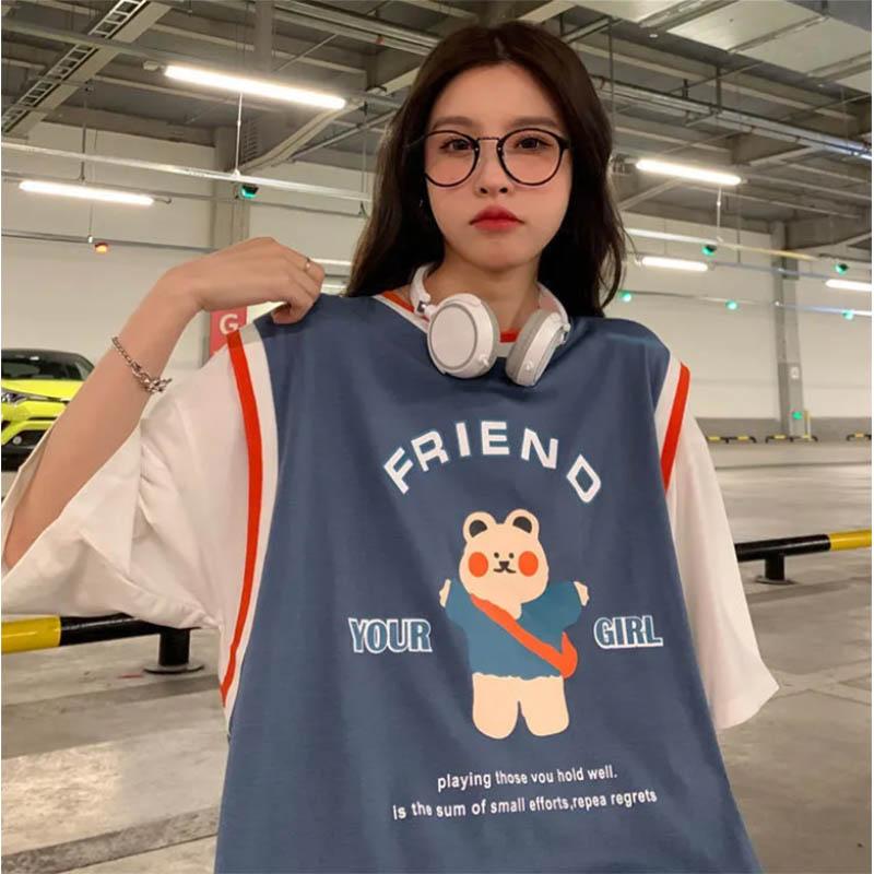 Bear Short-sleeved Basketball Uniform Fake Two Neutral Wind Loose Design Sense Niche T-shirt Trend Top