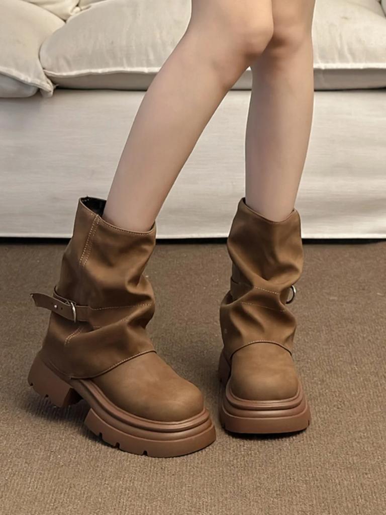 Brown Ort Boots Women'S Autumn Winter Thi Bot Faion Boots Slim Leg Tube Shoes Street Sle Round Toe Women Shoes