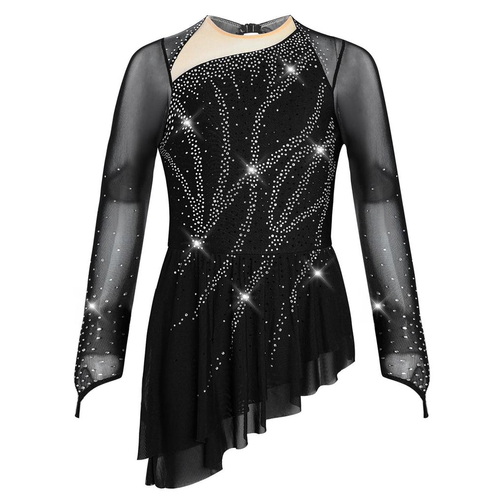 Girls Sparkly Rhinestones Dance Dress Mesh Long Sleeves Cutout Back Asymmetric Hem Figure Skating Dress