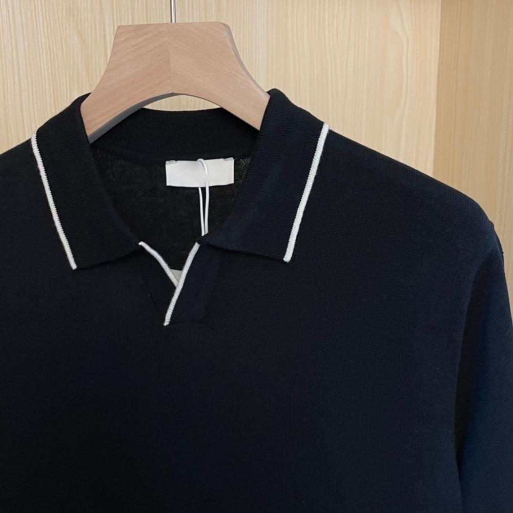 Summer Men Lapel Short Sleeve Shirt Striped Trim V-Neck Slim Fit Business Knitting Shirt Tops Elastic Pullover Tops