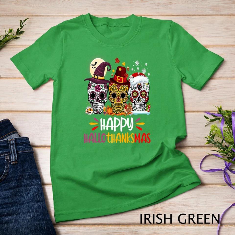 Hallothankmas Halloween Thanksgiving Christmas Sugar Skull Unisex T-shirt 4 S