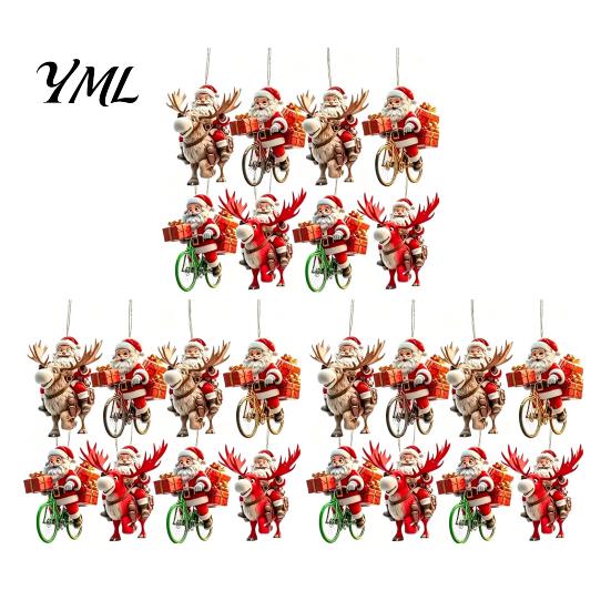 Christmas Tree Hanging Accessories 8/16/24/32Pcs 2D Flat Wooden Ornaments, Santa Claus Riding Bicycle Xmas Door And Window Decorations Decor, Pendant