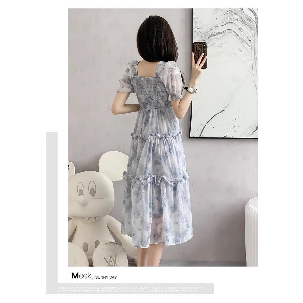 Retro square collar floral dress women's summer new super fairy Mori waist thin fungus edge long skirt