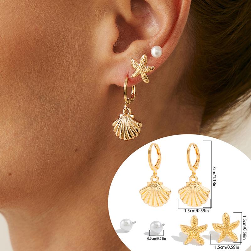 

Ocean Series Flower Starfish Bow Shell C-Shaped Earrings Sets for Women Retro High-End Sweet Earrings Vacation Jewelry Accessory