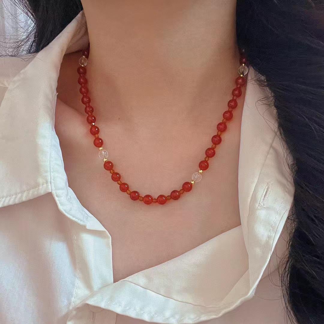 Vintage New Year S Red Atmosphere Natural Chalcedony White Crystal Collarbone Chain Necklace