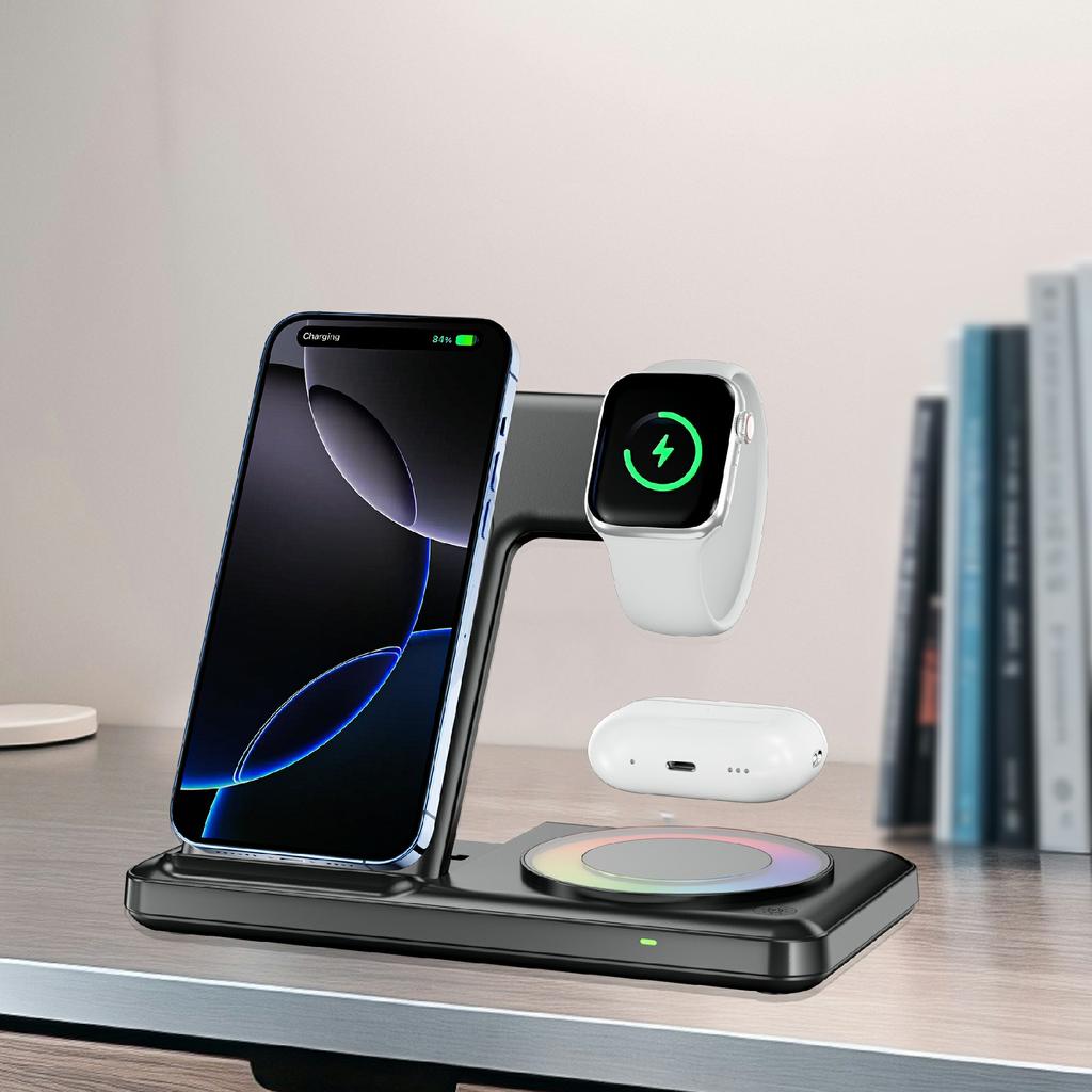 Q50D 4 in 1 Foldable Wireless Charger Dock 15W Fast Charging Station with RGB Ambient Light for Mobile Phone Apple Watch AirPods