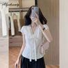 French Style Summer Women Sweet Blouse V Neck Hollow Out Lace Up Elegant Shirt Delicate Feminine Short Sleeve Blouse