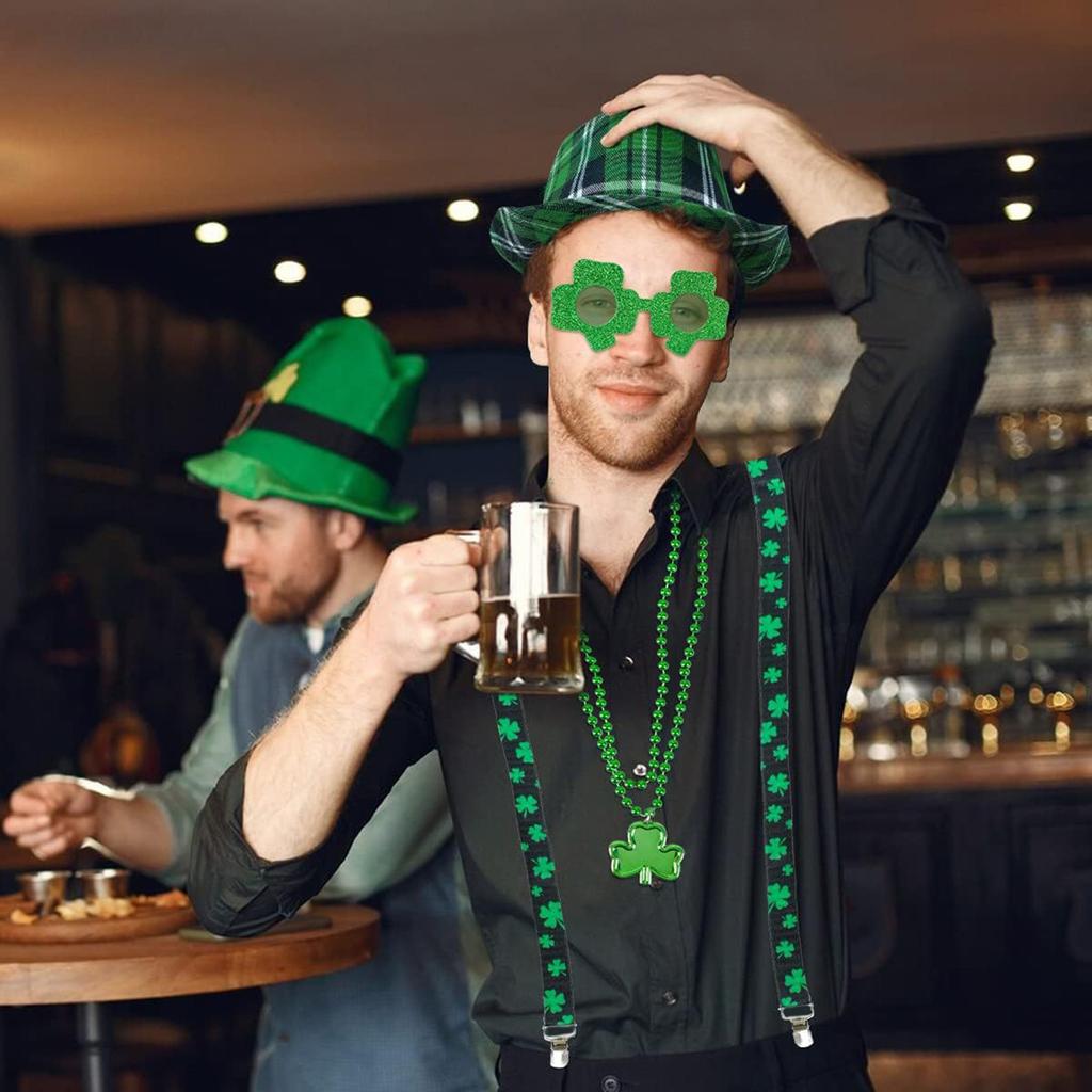 StPatrick Day Celebration Costume Hat Shamrock Glasses Suspenders Braces Necklace Festival Party Props Irish Accessories